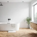 Baño blanco y suelo madera: Elegancia natural para tu hogar